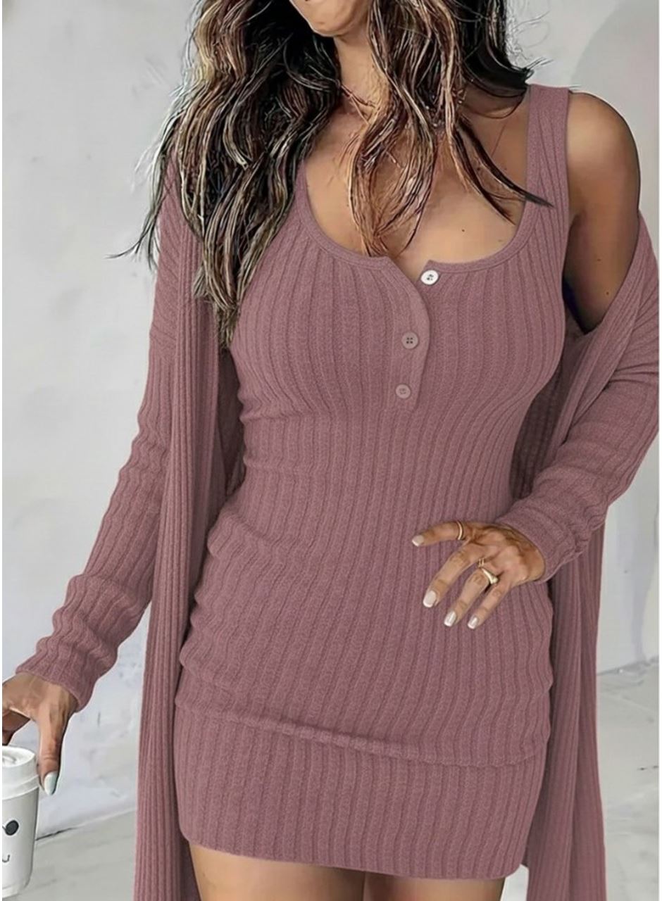 Kadın Askılı Yuvarlak Yakalı önü Düğmeli şardonlu Kaşkorse Mini Elbise Ve Kısa Ceket