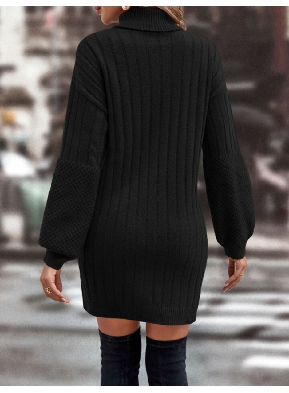 Kadın Uzun Kollu Boğazlı Uzun Balon Kol Triko Mini Elbise