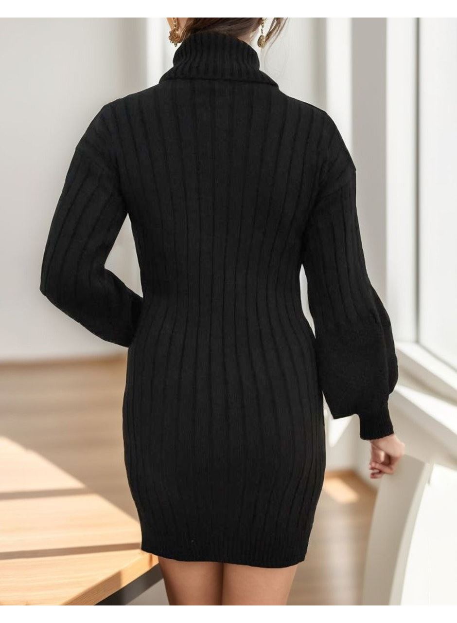 Kadın Uzun Kollu Boğazlı Uzun Balon Kol Triko Mini Elbise