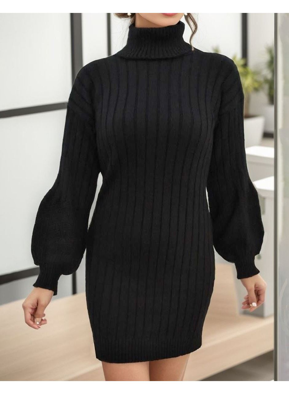 Kadın Uzun Kollu Boğazlı Uzun Balon Kol Triko Mini Elbise