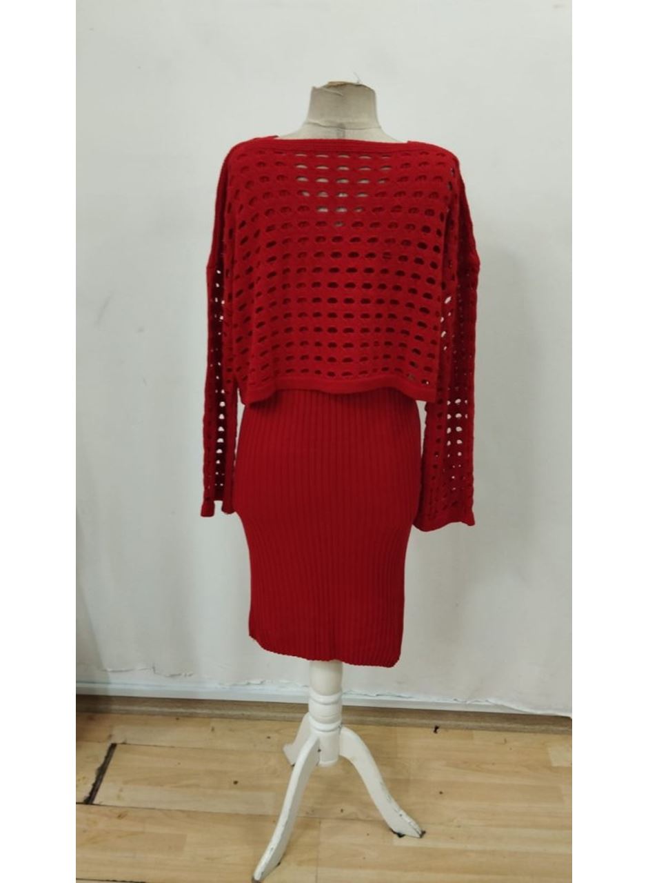 Kadın Uzun Kollu Delikli Kazak Askılı Elbise Triko Ikili Takım