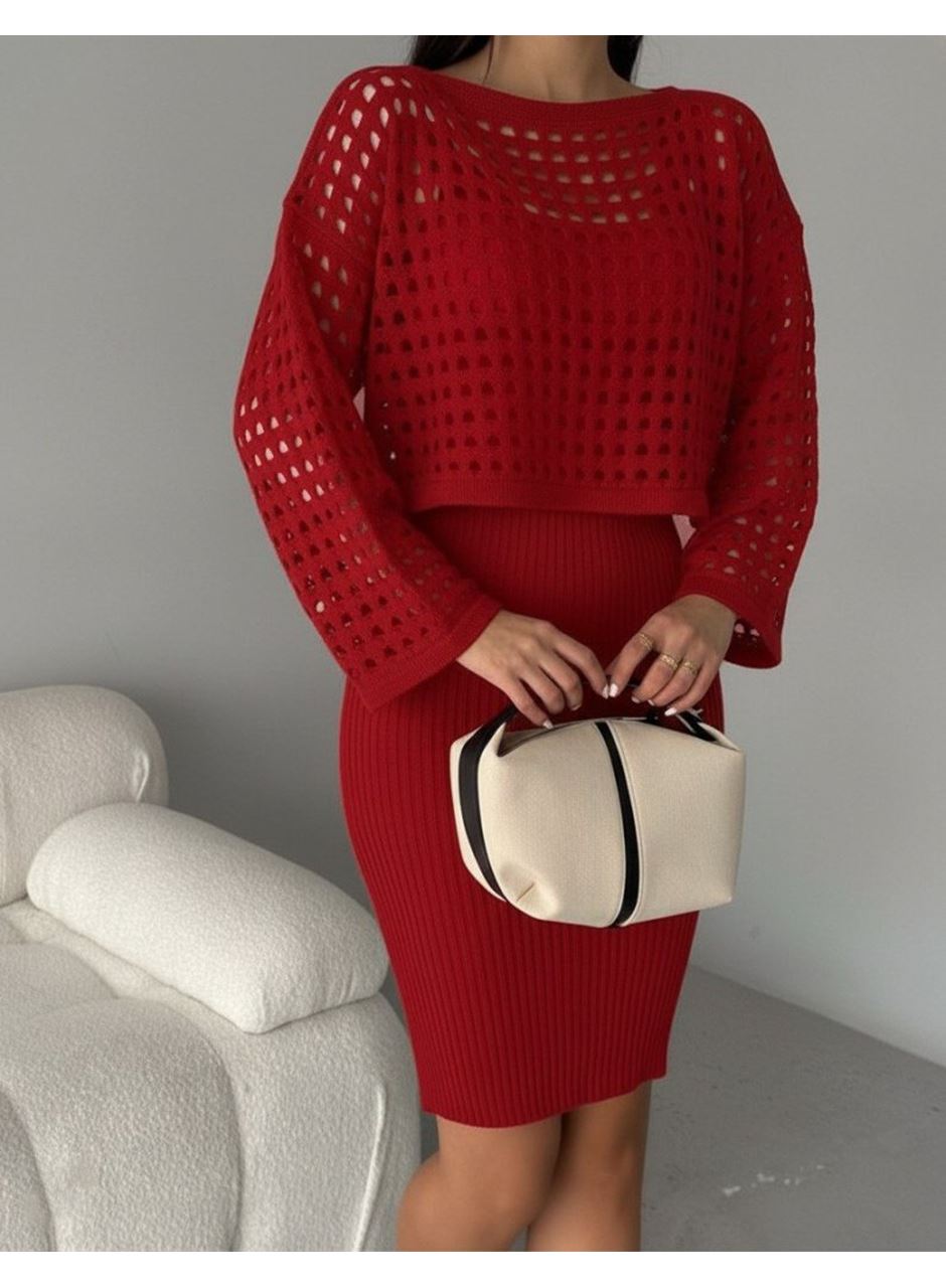 Kadın Uzun Kollu Delikli Kazak Askılı Elbise Triko Ikili Takım