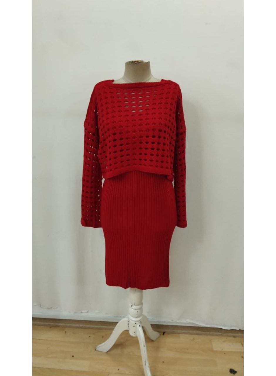 Kadın Uzun Kollu Delikli Kazak Askılı Elbise Triko Ikili Takım