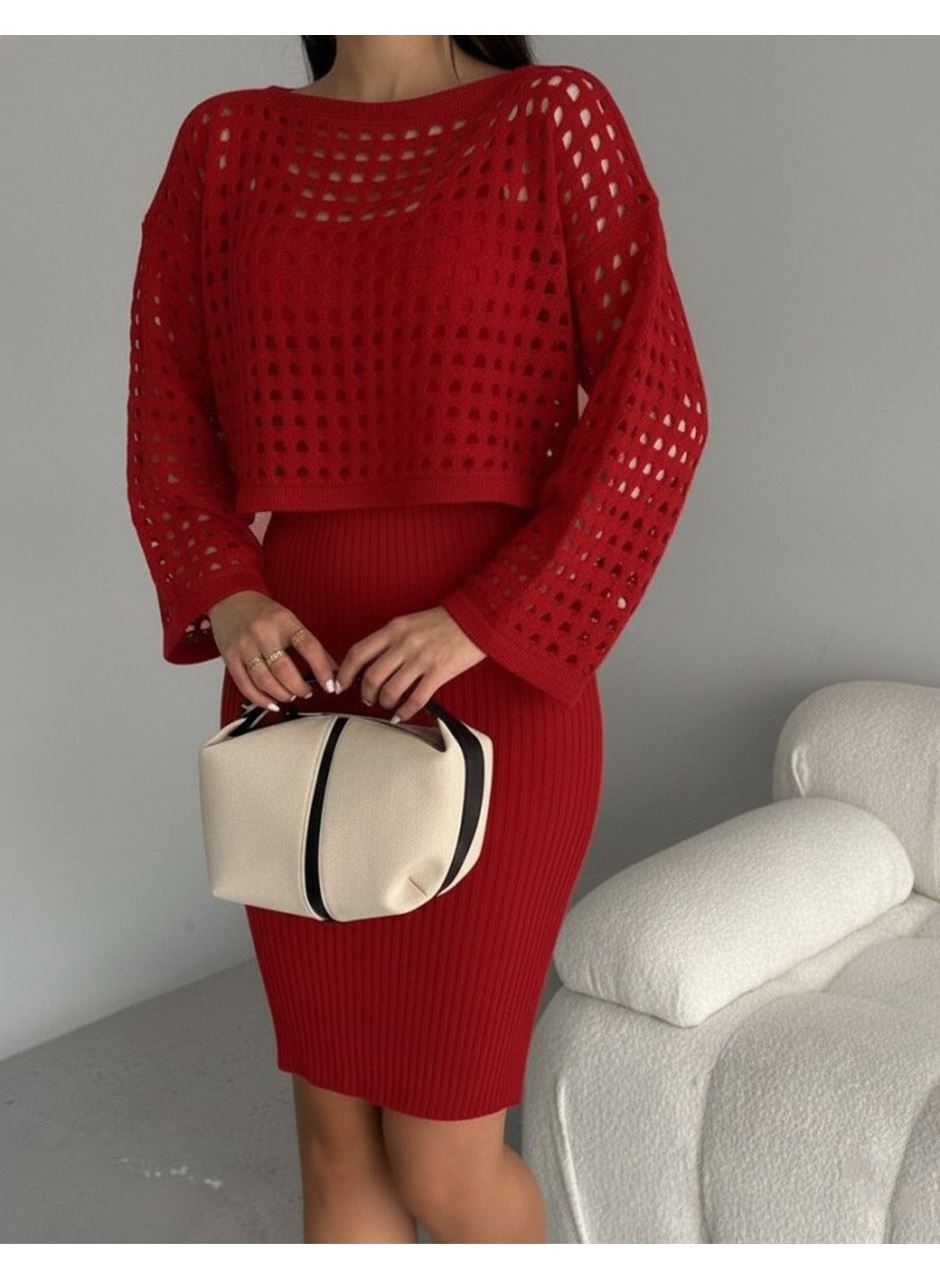 Kadın Uzun Kollu Delikli Kazak Askılı Elbise Triko Ikili Takım
