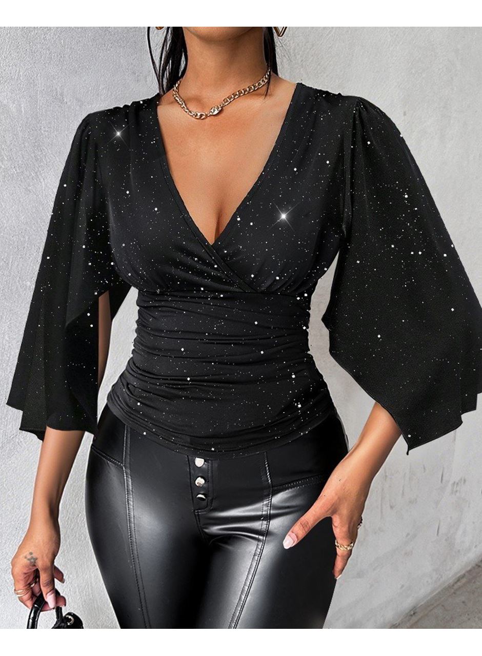 Kadın Truvakar Kollu Kruvaze Yakalı Simli Sandy Bluz