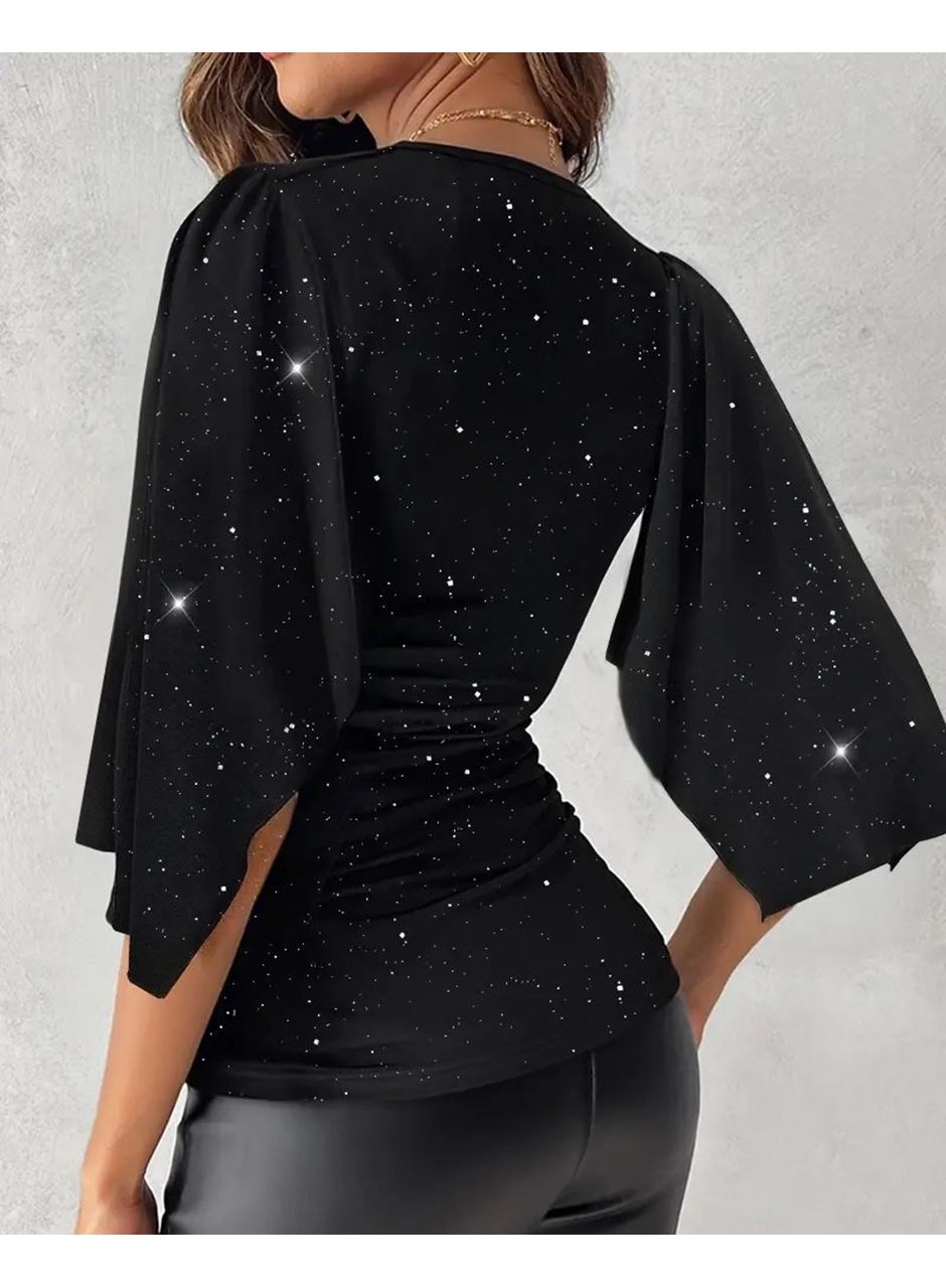 Kadın Truvakar Kollu Kruvaze Yakalı Simli Sandy Bluz