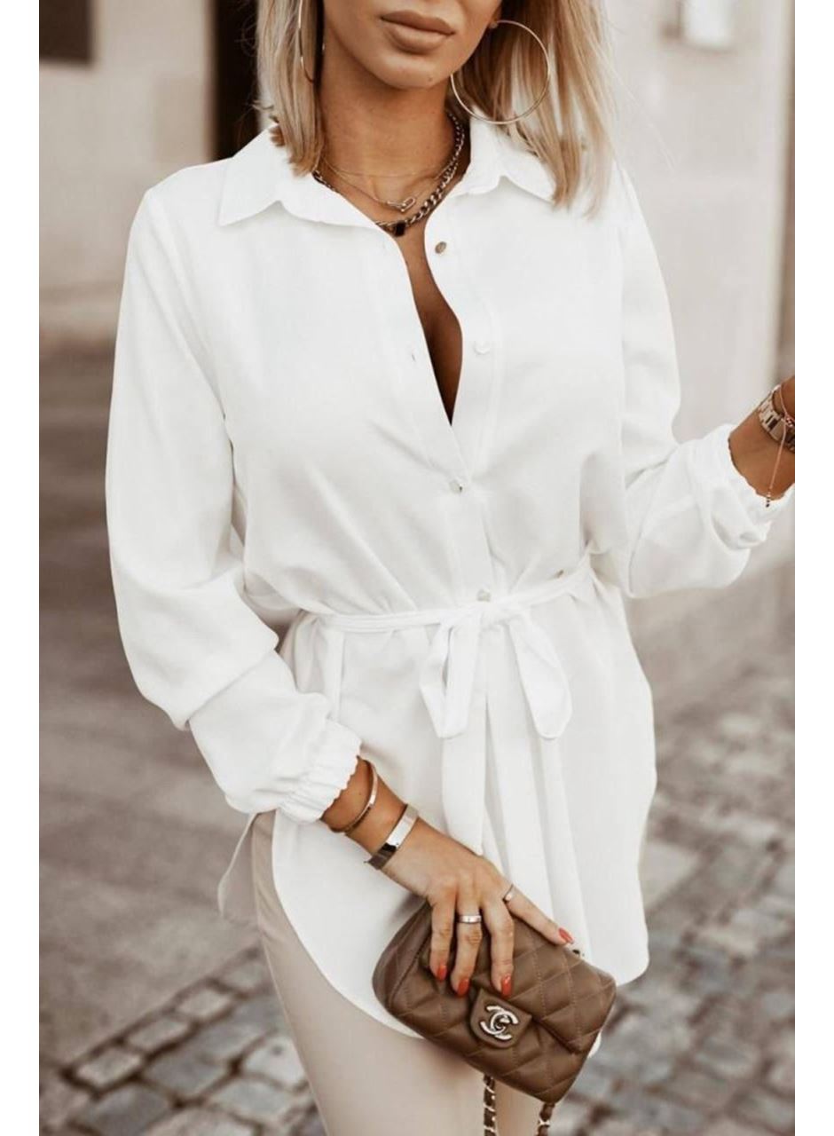 Kadın Metal Düğmeli Beli Kuşaklı Pamuk Polyester Kumaş Gömlek Elbise