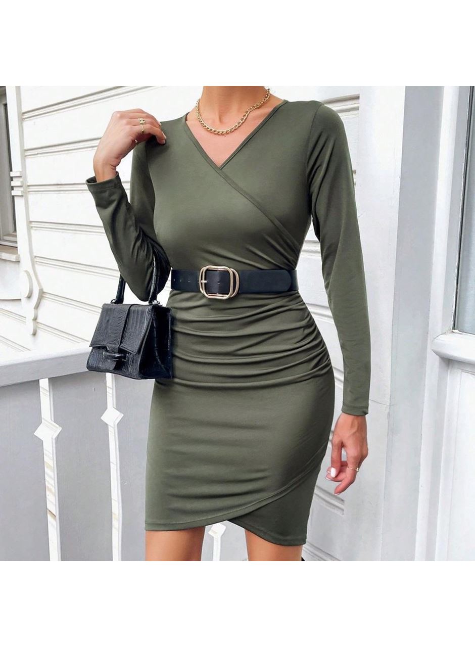 Kadın Uzun Kollu Kruvaze Yaka önden Pileli Sandy Kumaş Elbise (kemer Dahil Değil)