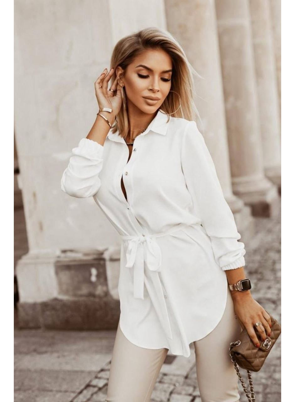 Kadın Metal Düğmeli Beli Kuşaklı Pamuk Polyester Kumaş Gömlek Elbise