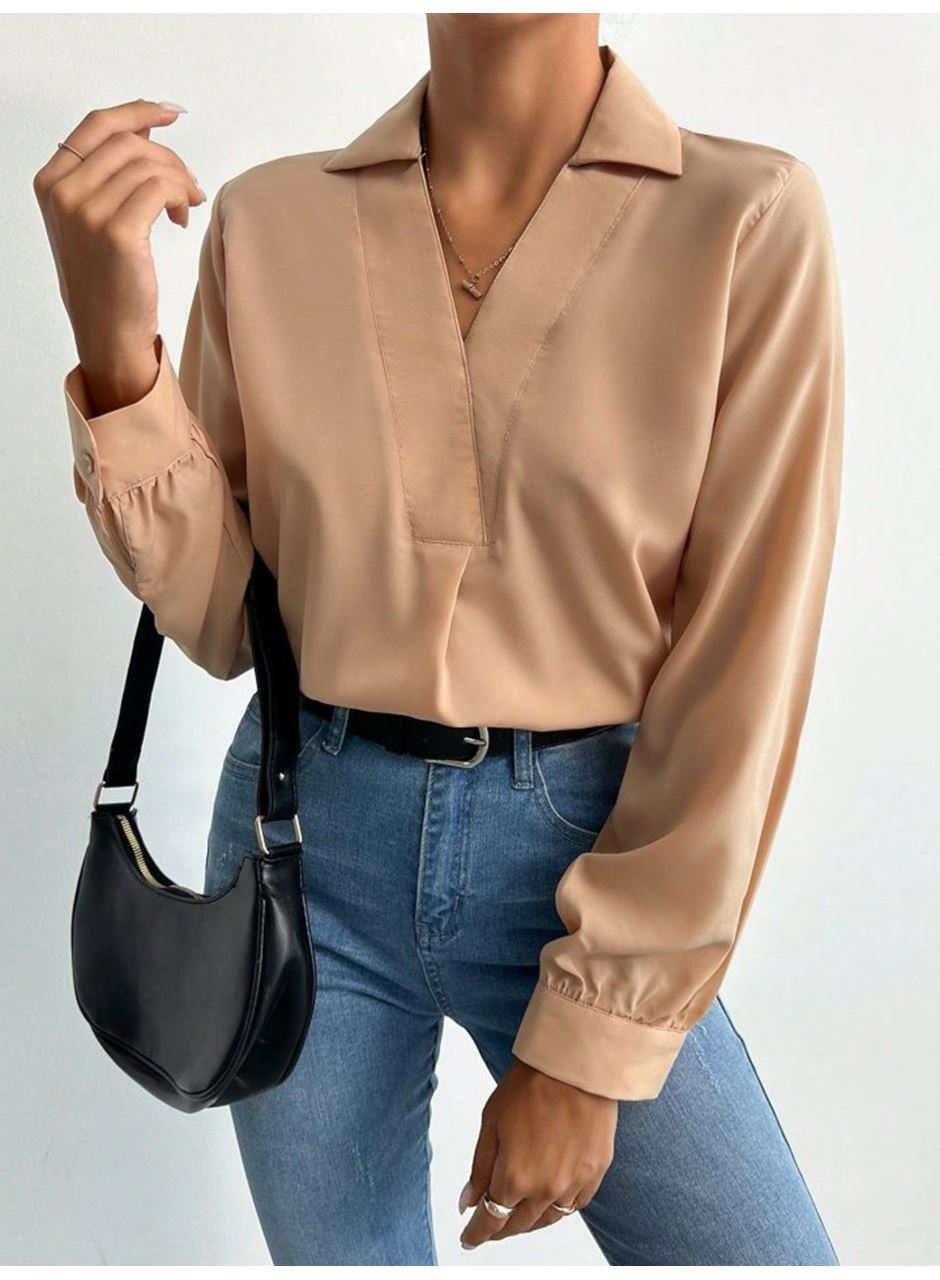 Kadın V Yaka Uzun Kollu Mosskrep Kumaş Bluz