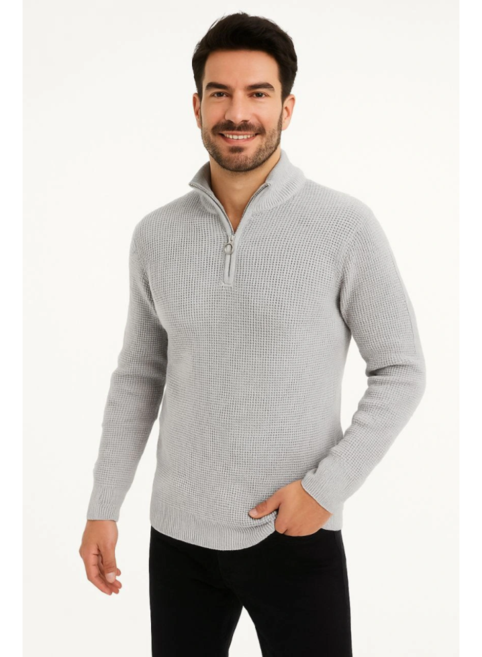 Erkek Yarım Fermuarlı Triko Kazak – Selanik Örgü, Dik Yaka, Pamuklu Dokuma, Regular Fit Uzun Kollu Kışlık Model - Gri