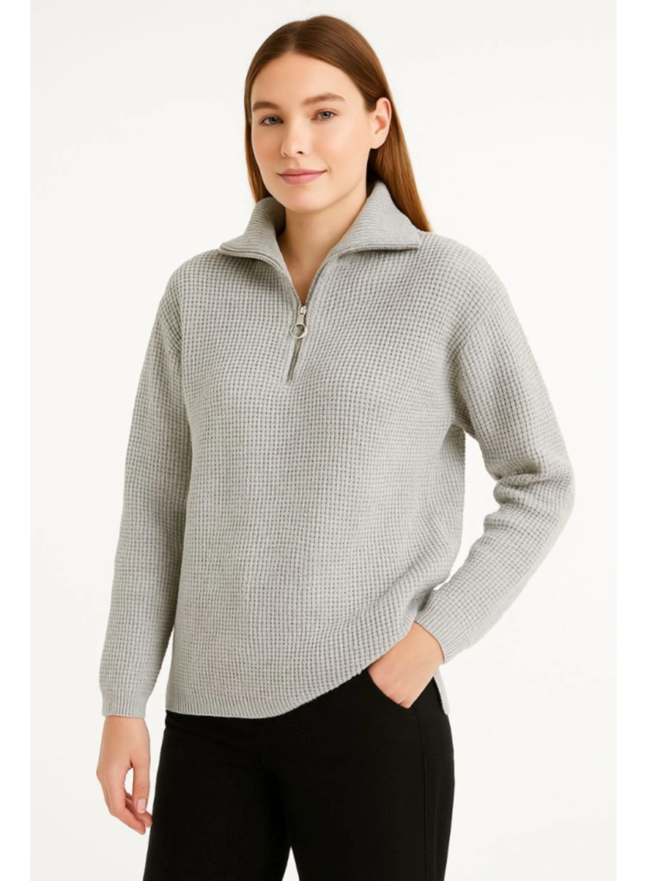 KADIN Yarım Fermuarlı Triko Kazak – Selanik Örgü, Dik Yaka, Pamuklu Dokuma, Regular Fit Uzun Kollu Kışlık Model - Gri