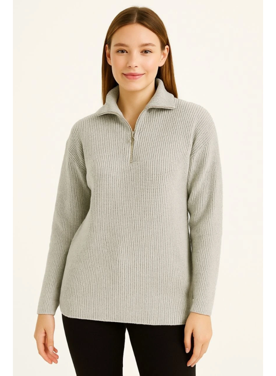 KADIN Yarım Fermuarlı Triko Kazak – Selanik Örgü, Dik Yaka, Pamuklu Dokuma, Regular Fit Uzun Kollu Kışlık Model - Gri