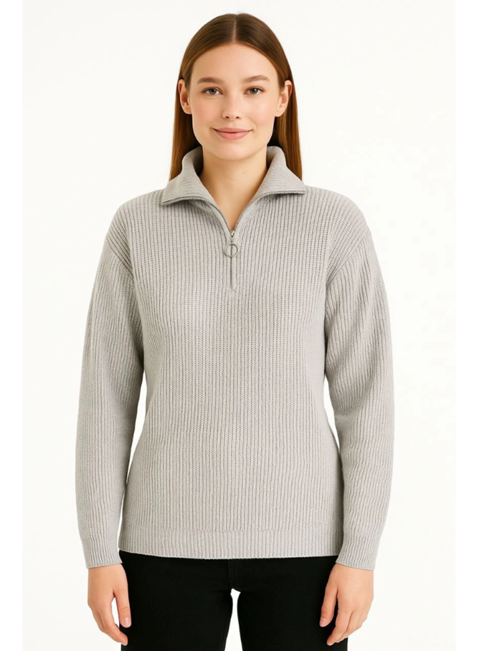 KADIN Yarım Fermuarlı Triko Kazak – Selanik Örgü, Dik Yaka, Pamuklu Dokuma, Regular Fit Uzun Kollu Kışlık Model - Gri