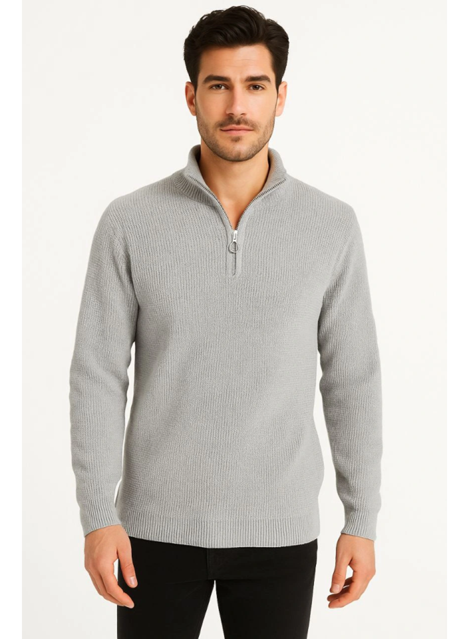 Erkek Yarım Fermuarlı Triko Kazak – Selanik Örgü, Dik Yaka, Pamuklu Dokuma, Regular Fit Uzun Kollu Kışlık Model - Gri