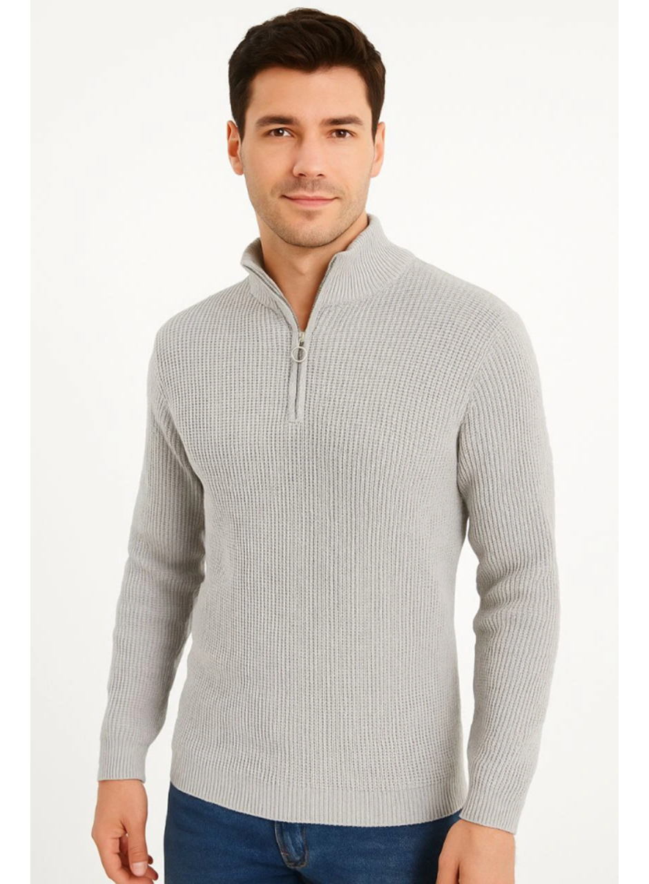Erkek Yarım Fermuarlı Triko Kazak – Selanik Örgü, Dik Yaka, Pamuklu Dokuma, Regular Fit Uzun Kollu Kışlık Model - Gri