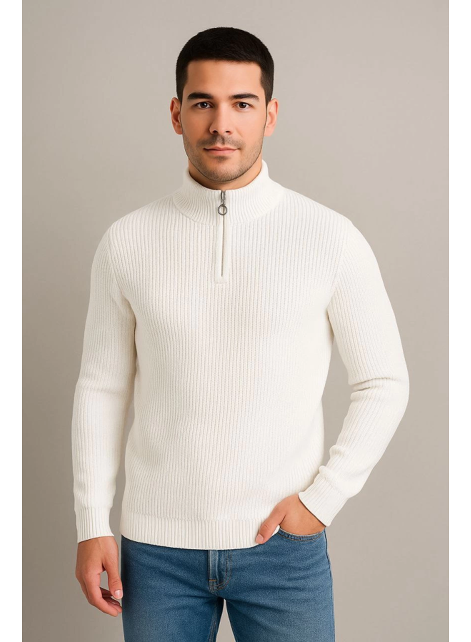 Erkek Yarım Fermuarlı Triko Kazak – Selanik Örgü, Dik Yaka, Pamuklu Dokuma, Regular Fit Uzun Kollu Kışlık Model - Beyaz
