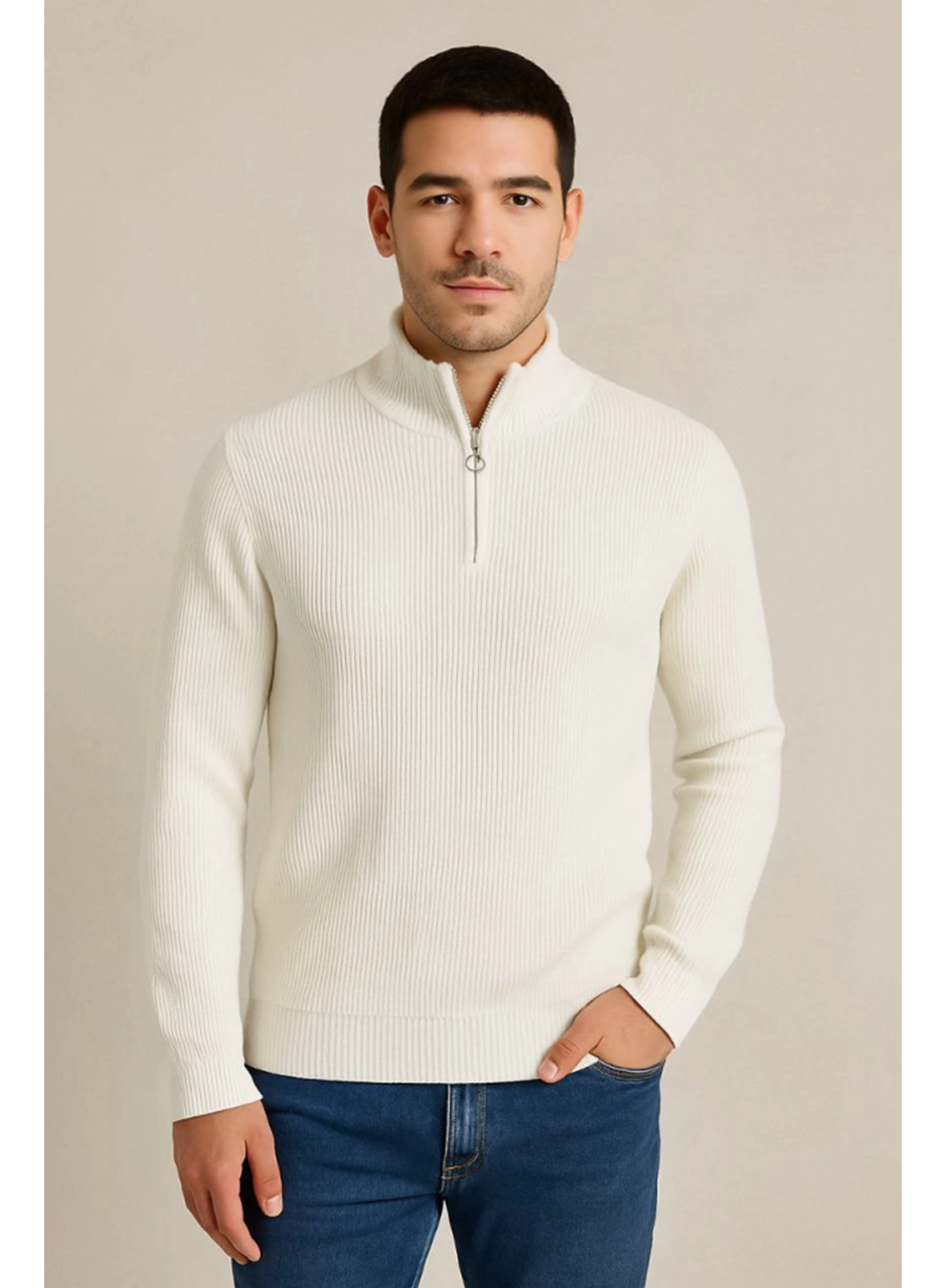 Erkek Yarım Fermuarlı Triko Kazak – Selanik Örgü, Dik Yaka, Pamuklu Dokuma, Regular Fit Uzun Kollu Kışlık Model - Beyaz