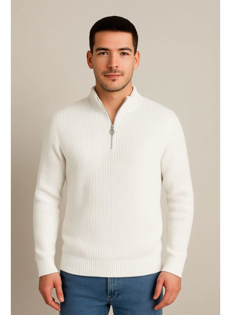 Erkek Yarım Fermuarlı Triko Kazak – Selanik Örgü, Dik Yaka, Pamuklu Dokuma, Regular Fit Uzun Kollu Kışlık Model - Beyaz