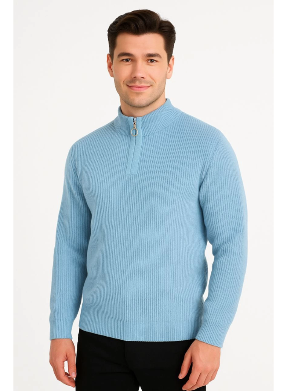 Erkek Yarım Fermuarlı Triko Kazak – Selanik Örgü, Dik Yaka, Pamuklu Dokuma, Regular Fit Uzun Kollu Kışlık Model - Bebe Mavisi