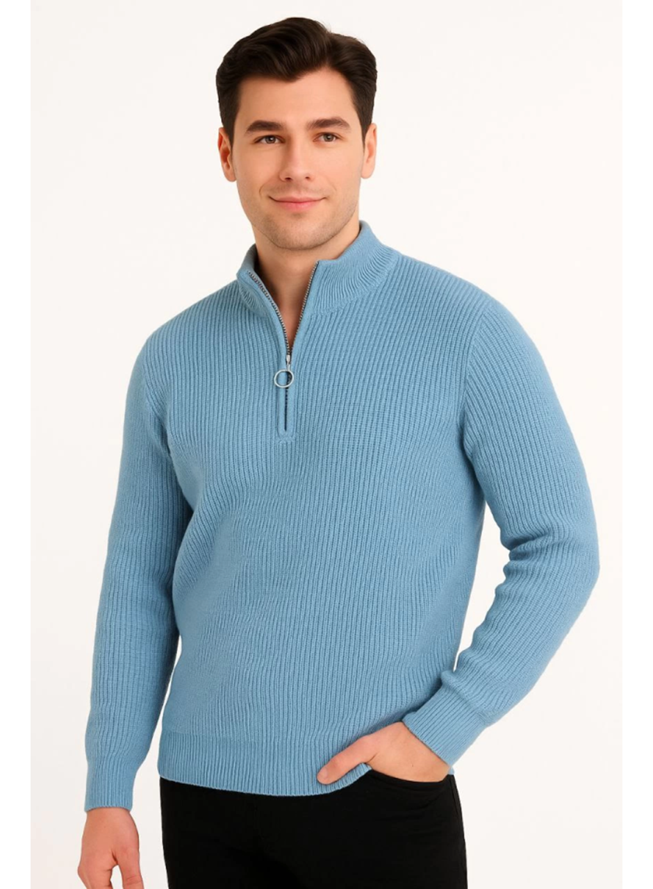 Erkek Yarım Fermuarlı Triko Kazak – Selanik Örgü, Dik Yaka, Pamuklu Dokuma, Regular Fit Uzun Kollu Kışlık Model - Bebe Mavisi