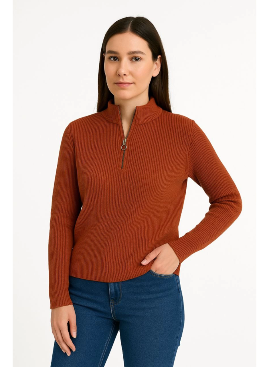 KADIN Yarım Fermuarlı Triko Kazak – Selanik Örgü, Dik Yaka, Pamuklu Dokuma, Oversize Uzun Kollu Kışlık Model - Kiremit