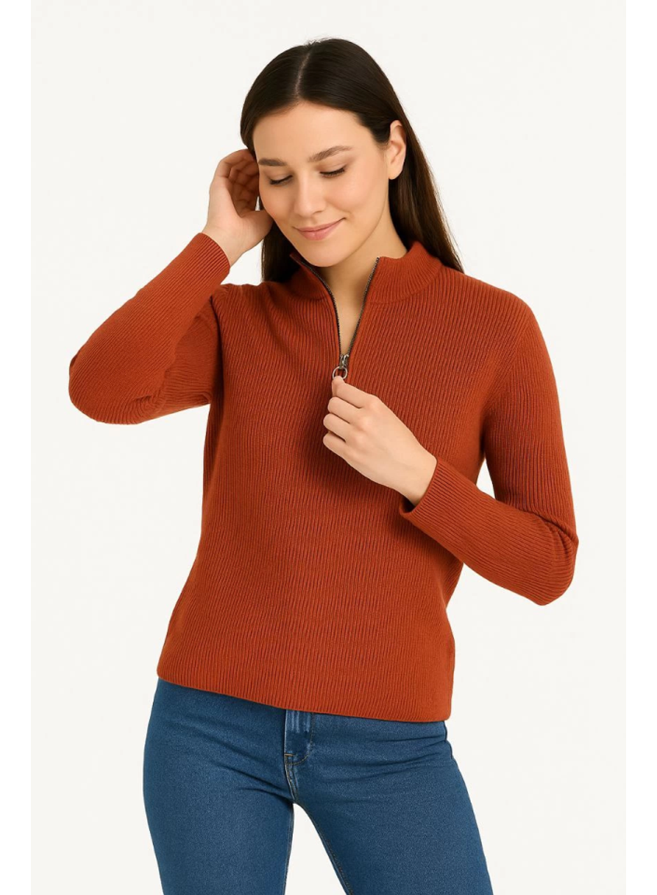 KADIN Yarım Fermuarlı Triko Kazak – Selanik Örgü, Dik Yaka, Pamuklu Dokuma, Oversize Uzun Kollu Kışlık Model - Kiremit