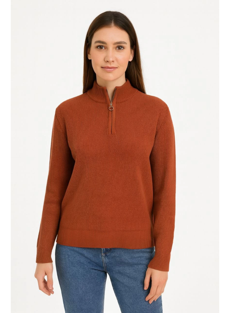 KADIN Yarım Fermuarlı Triko Kazak – Selanik Örgü, Dik Yaka, Pamuklu Dokuma, Oversize Uzun Kollu Kışlık Model - Kiremit