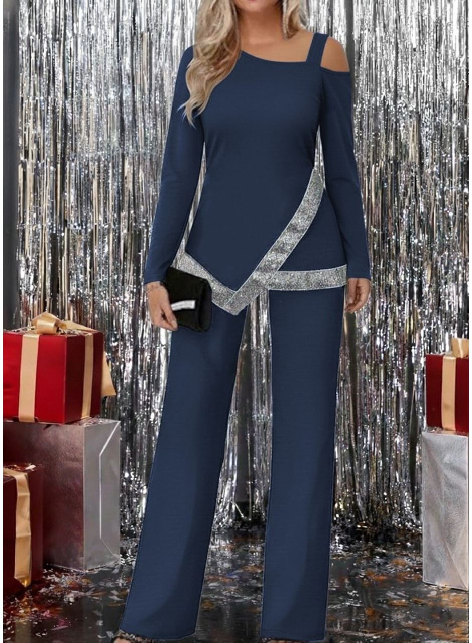 Kadın Tek Omuzdan Açık Uzun Kollu önü Pulpayet Ithal Krep Bluz Ve Pantolon