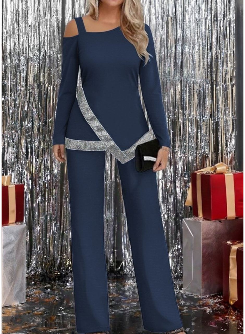 Kadın Tek Omuzdan Açık Uzun Kollu önü Pulpayet Ithal Krep Bluz Ve Pantolon