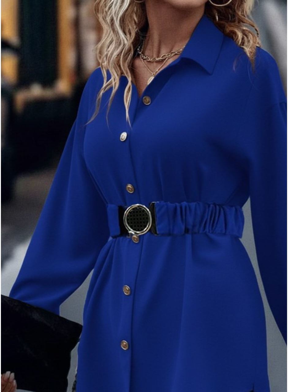 Kadın Uzun Kollu Yakalı önden Düğmeli Belden Kemerli Ithal Krep Bluz