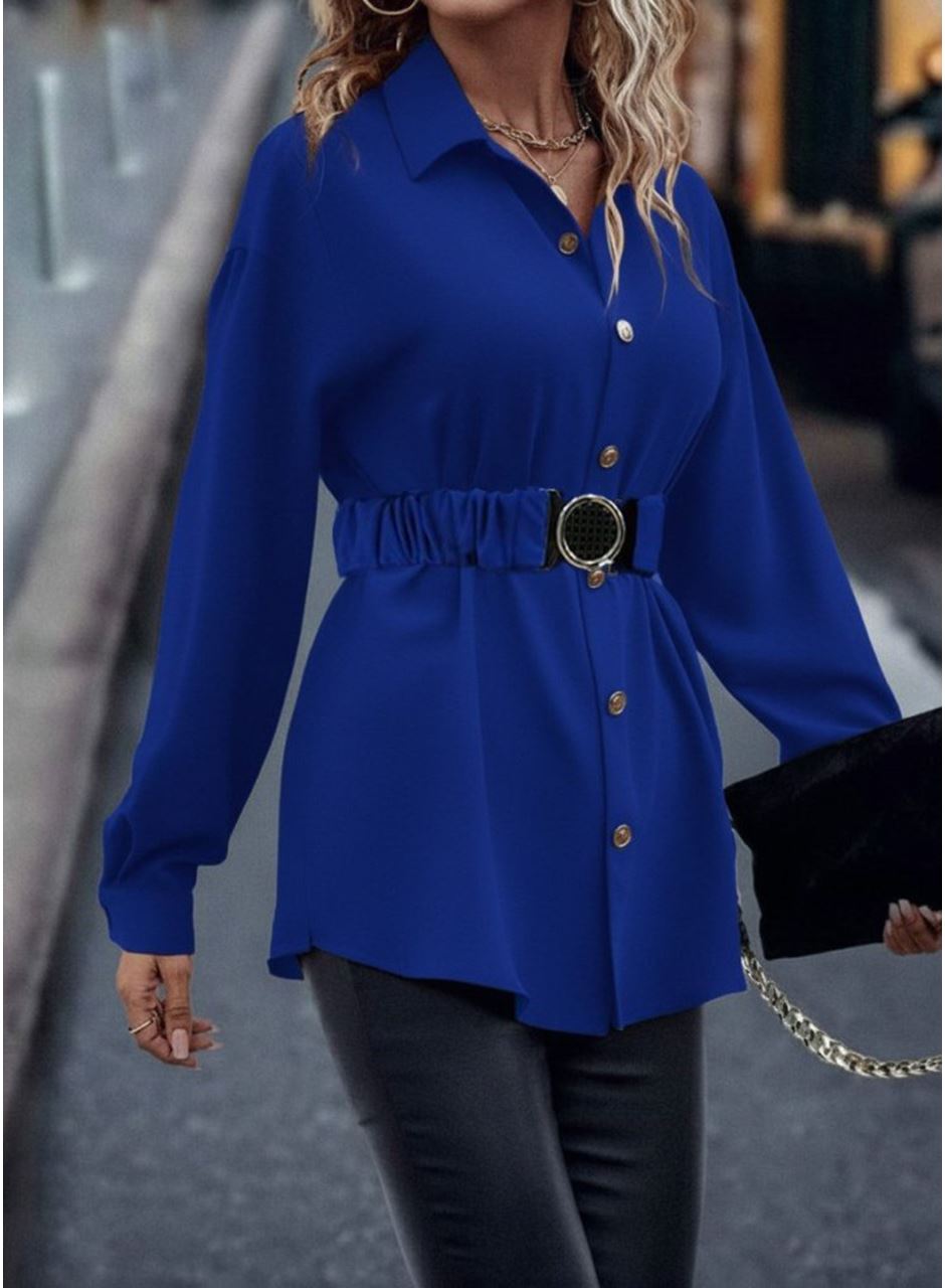 Kadın Uzun Kollu Yakalı önden Düğmeli Belden Kemerli Ithal Krep Bluz