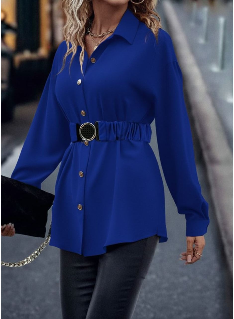 Kadın Uzun Kollu Yakalı önden Düğmeli Belden Kemerli Ithal Krep Bluz