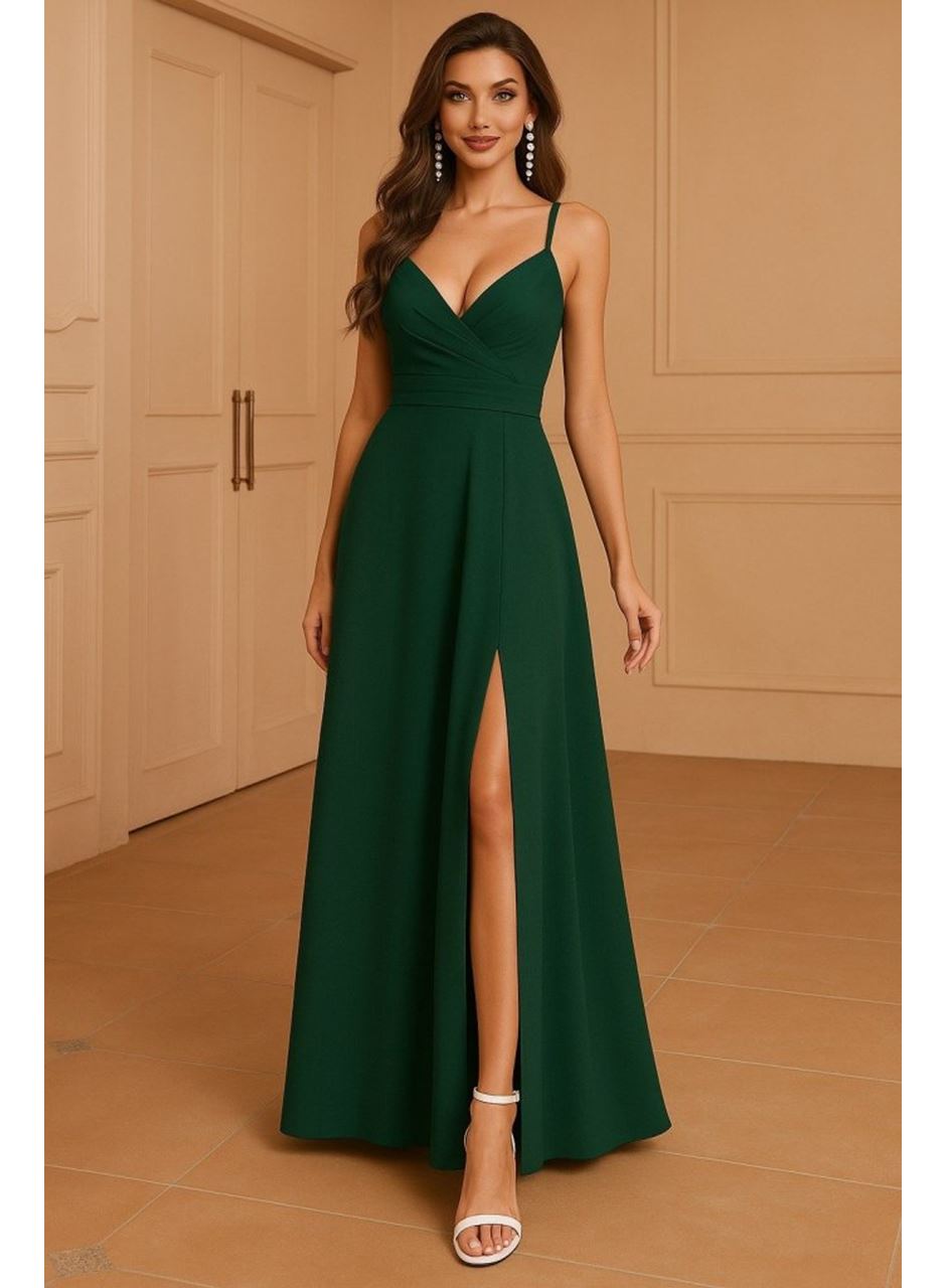 Kadın Ip Askılı Kruvaze Yakalı Derin Dekolteli Yırtmaçlı Ithal Krep Elbise