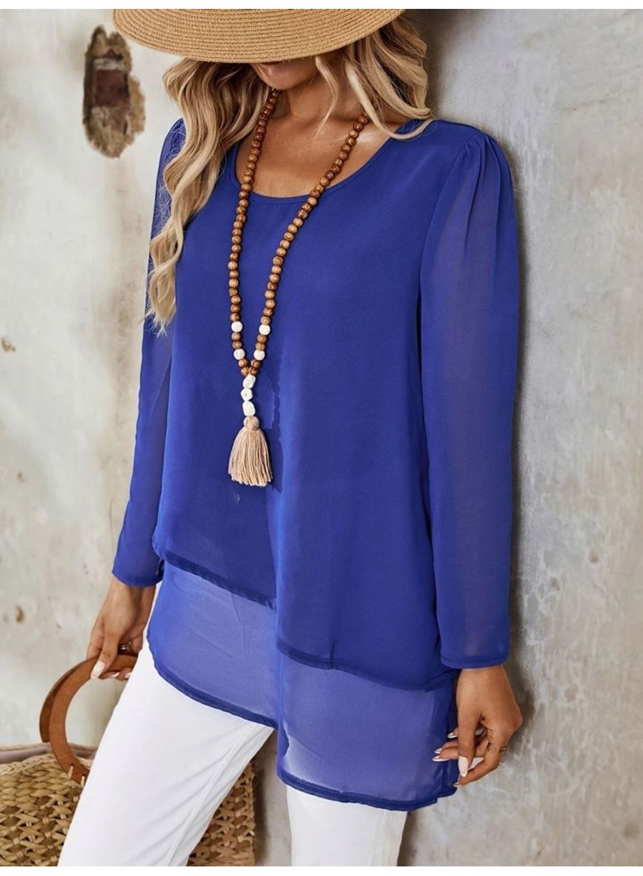 Kadın Uzun Kollu Yuvarlak Asimetrik Detaylı şifon Bluz