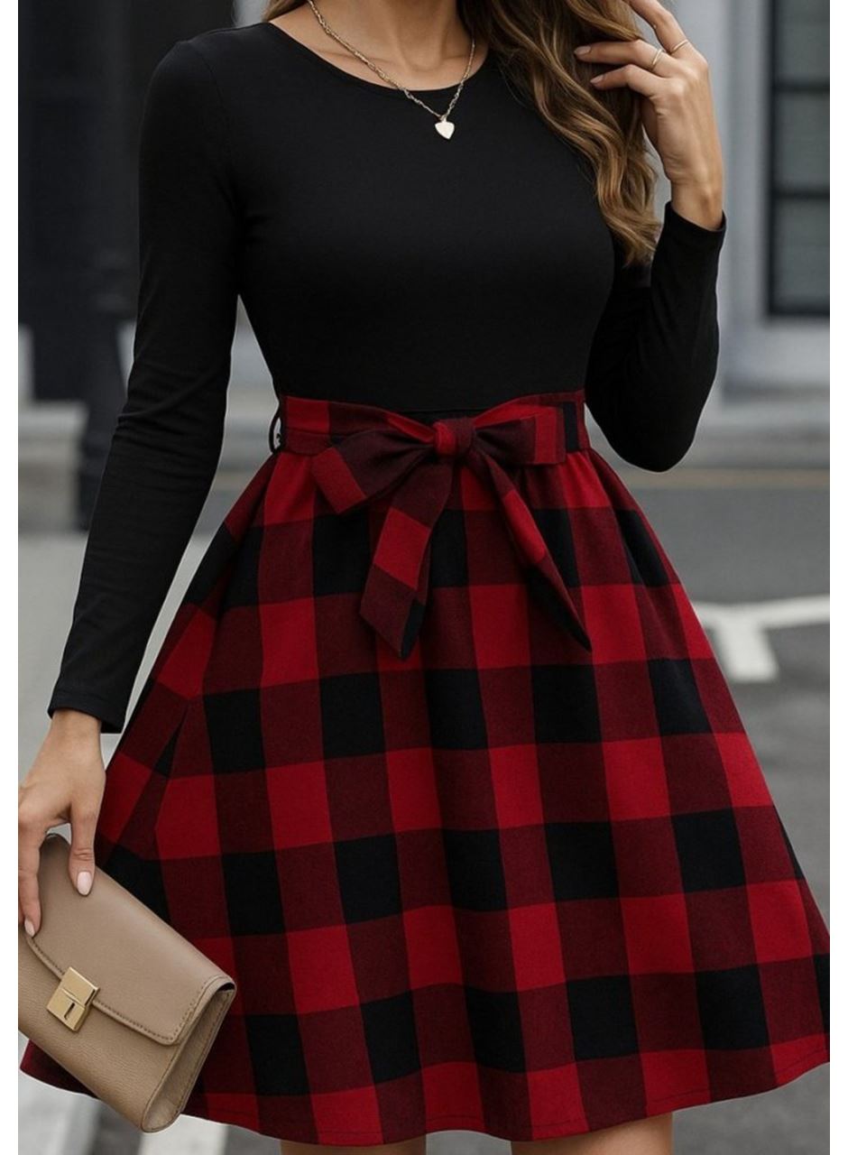 Kadın Uzun Kollu Bisiklet Yaka üst Viskon Alt Ekose Kısa Elbise