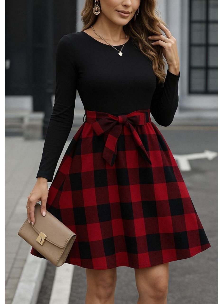 Kadın Uzun Kollu Bisiklet Yaka üst Viskon Alt Ekose Kısa Elbise