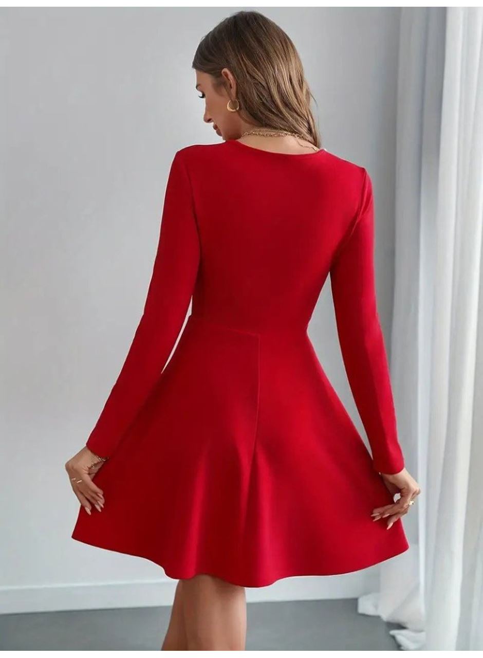 Kadın Uzun Kollu Inci Yakalı Kısa Ithal Krep Elbise