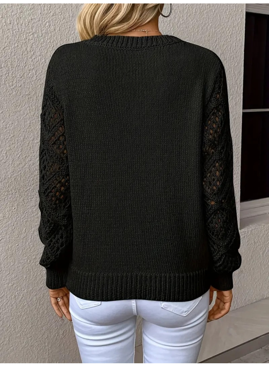 Kadın Uzun Kollu V Yaka Kol Delikli Baklava Desen Detaylı Triko Kazak