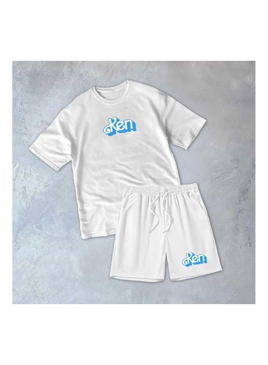Erkek Baskılı İkili Şort Takım - Beyaz