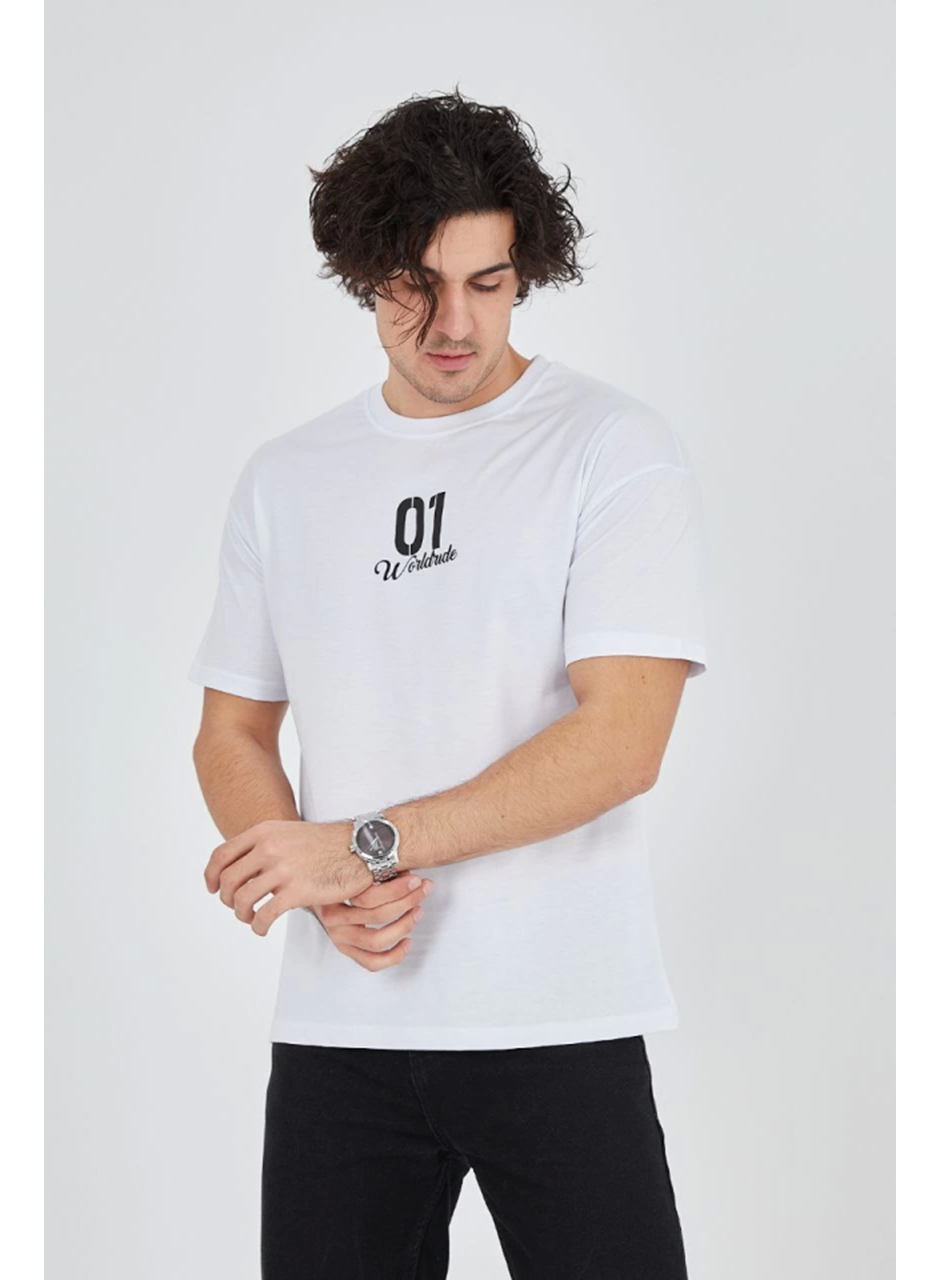 Erkek Bisiklet Yakalı Baskılı T-Shirt - Beyaz