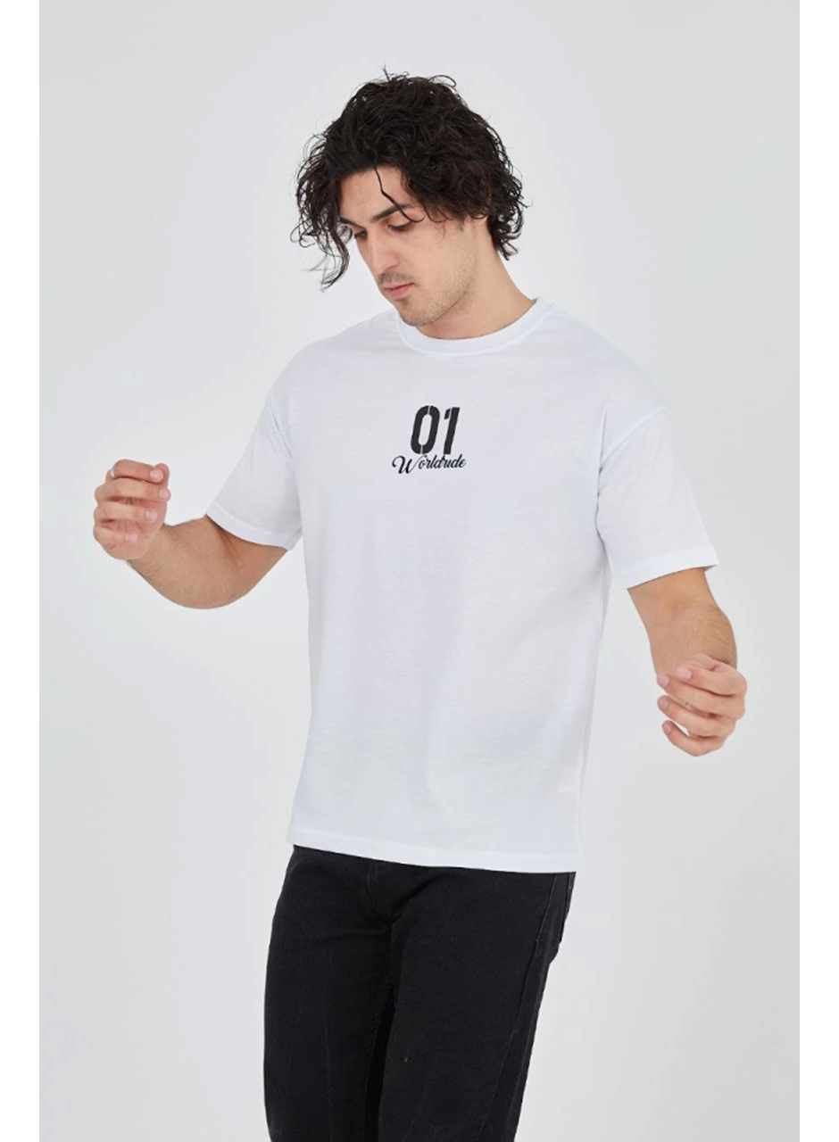 Erkek Bisiklet Yakalı Baskılı T-Shirt - Beyaz