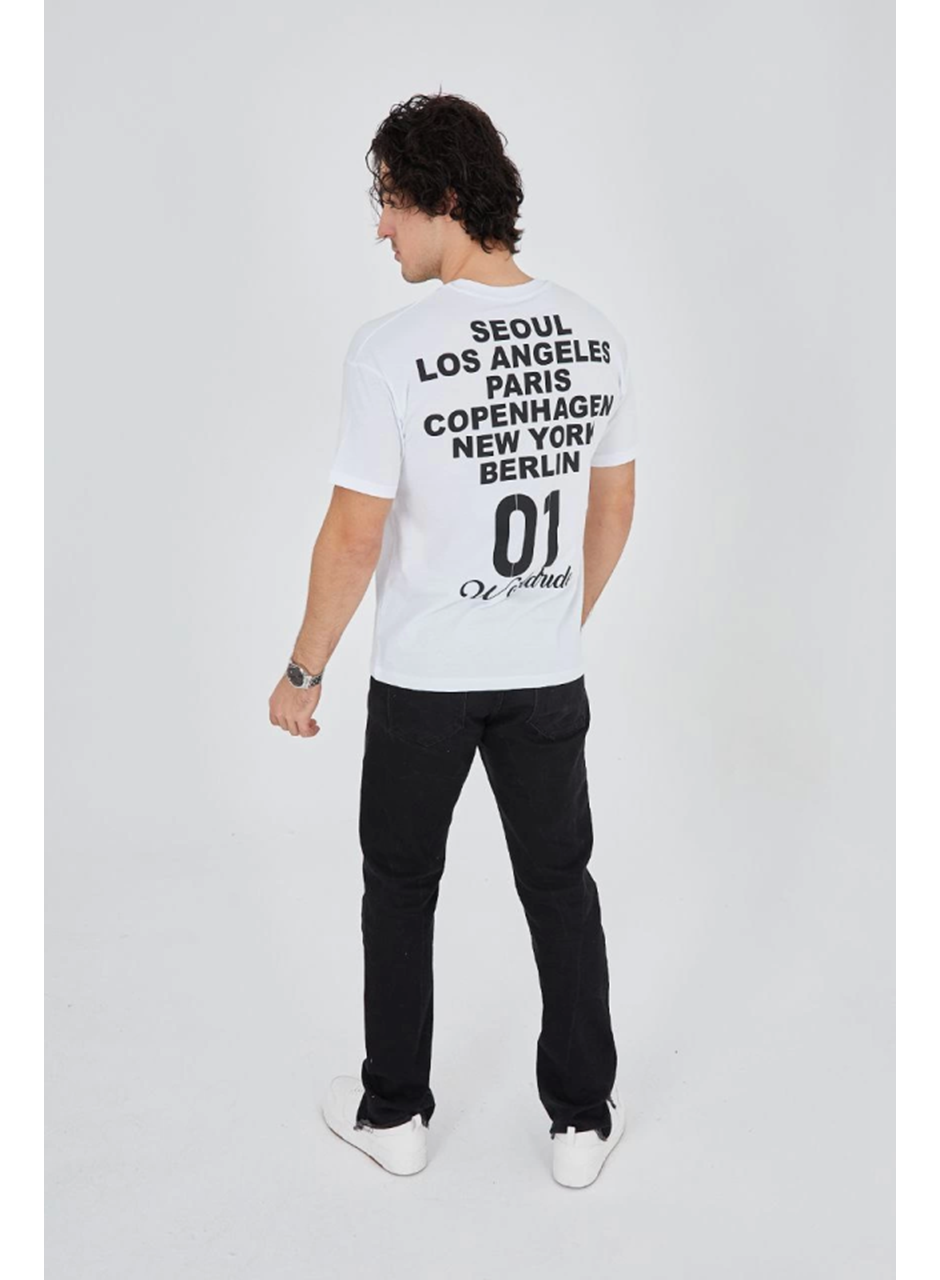 Erkek Bisiklet Yakalı Baskılı T-Shirt - Beyaz