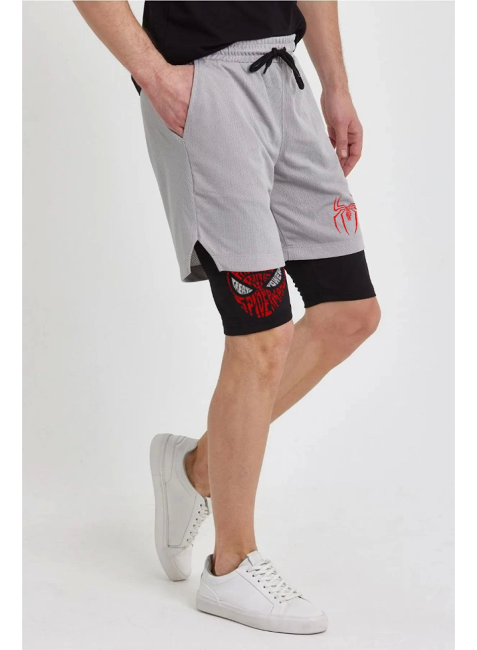 Unisex Baskılı İç Cepli Sporcu Alt Taytlı Şort - Gri