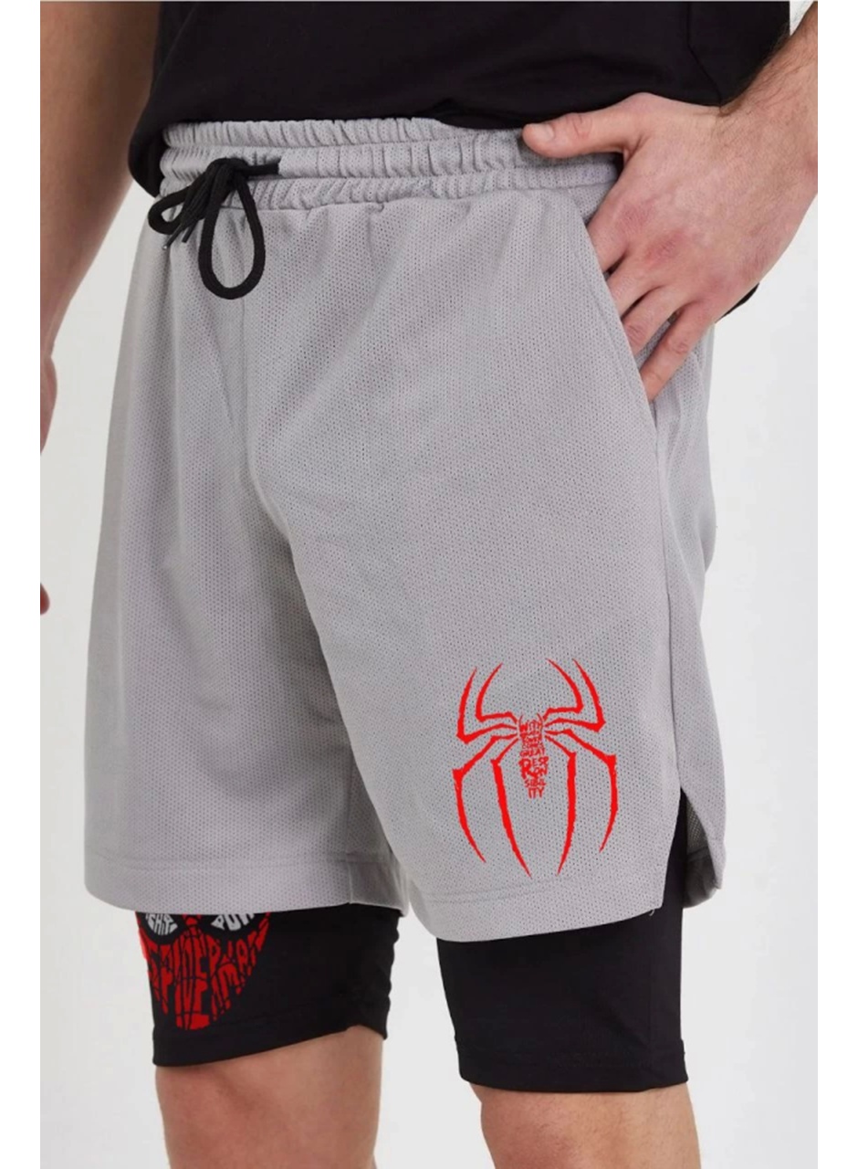Unisex Baskılı İç Cepli Sporcu Alt Taytlı Şort - Gri