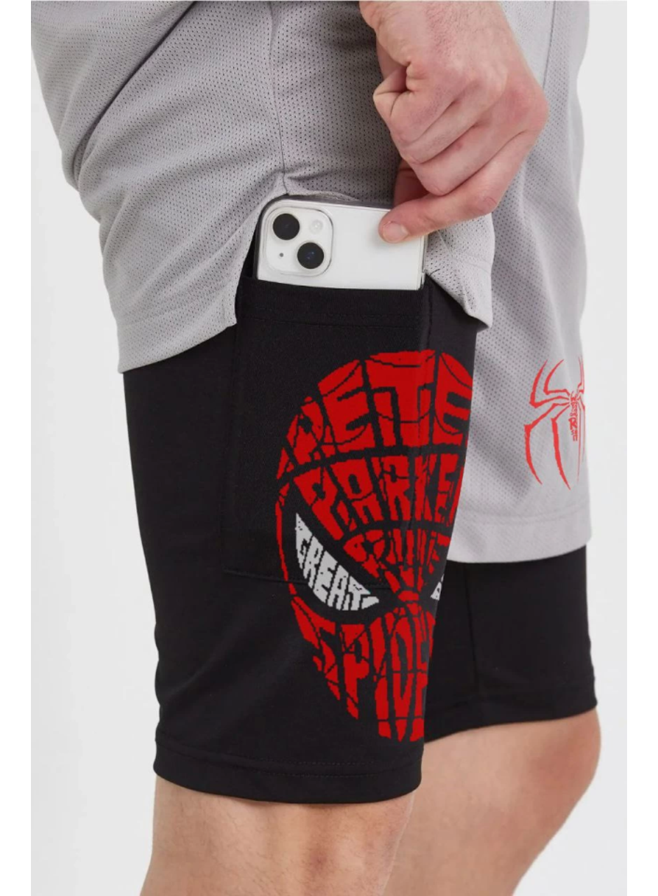 Unisex Baskılı İç Cepli Sporcu Alt Taytlı Şort - Gri