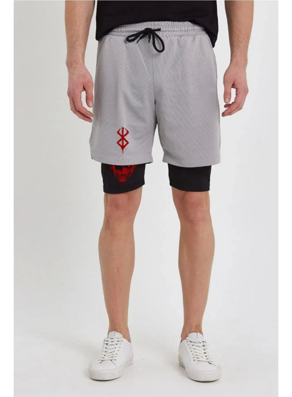 Unisex Baskılı İç Cepli Sporcu Alt Taytlı Şort - Gri