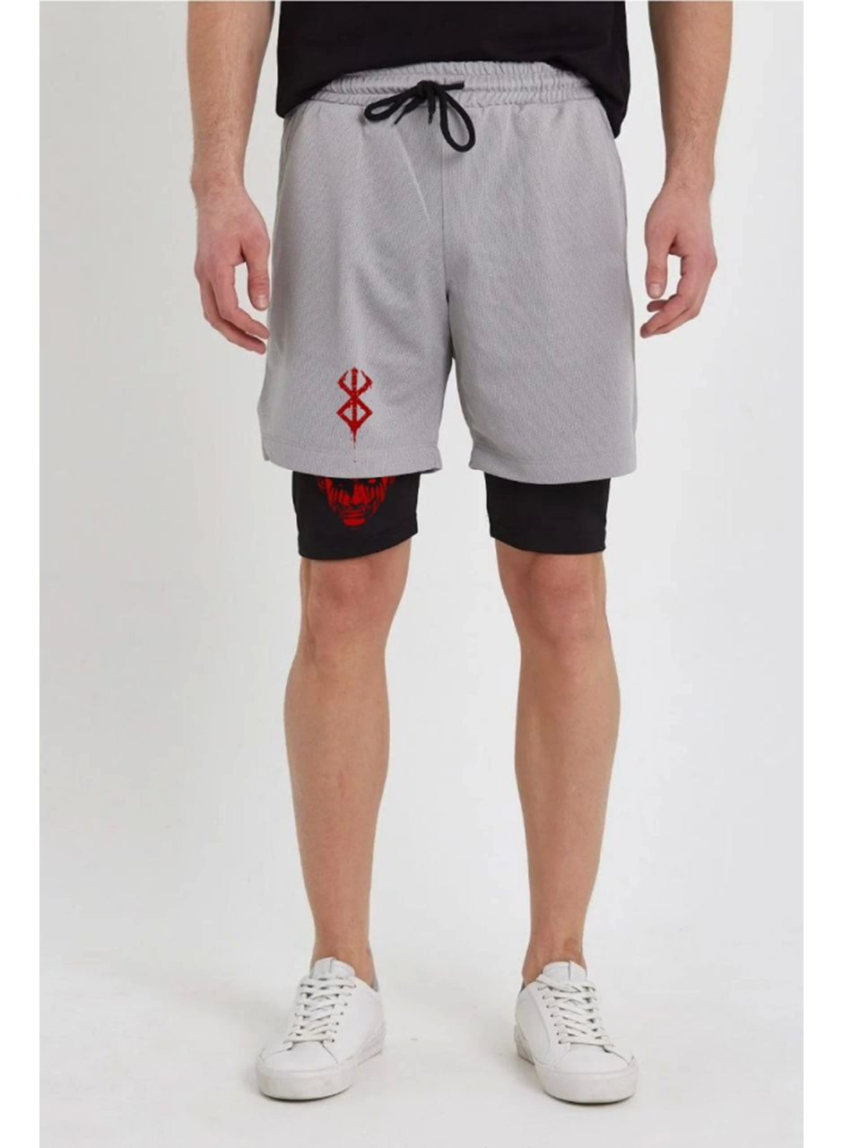 Unisex Baskılı İç Cepli Sporcu Alt Taytlı Şort - Gri