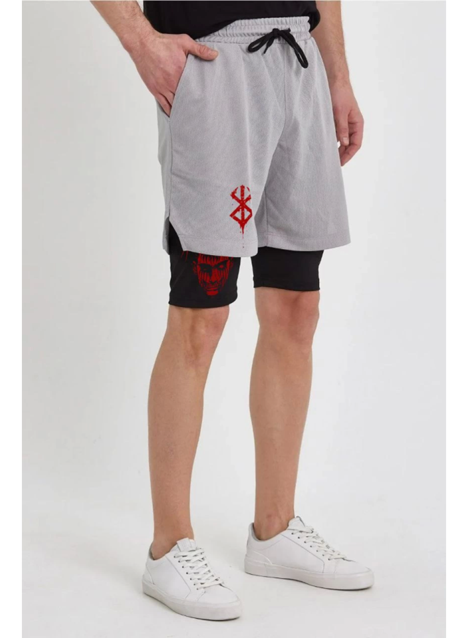 Unisex Baskılı İç Cepli Sporcu Alt Taytlı Şort - Gri