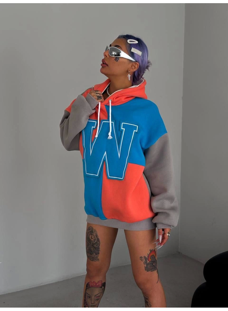 W Nakış İşlemeli Kapüşonlu Sweatshirt - Mavi